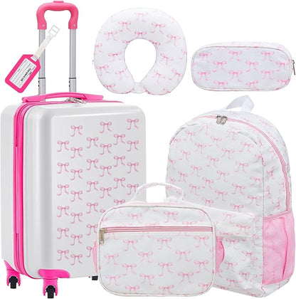Redbaker 6 Pcs Kids Luggage Set 17 Inch Kids Rolling Luggage Double Pattern Suitcase for Girls Boys School Gift(Pink, 17 Inch, Bow Style)