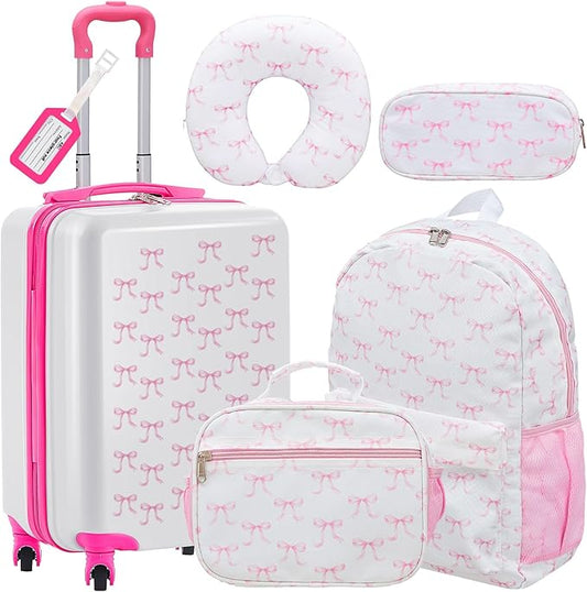 Redbaker 6 Pcs Kids Luggage Set 17 Inch Kids Rolling Luggage Double Pattern Suitcase for Girls Boys School Gift(Pink, 17 Inch, Bow Style)