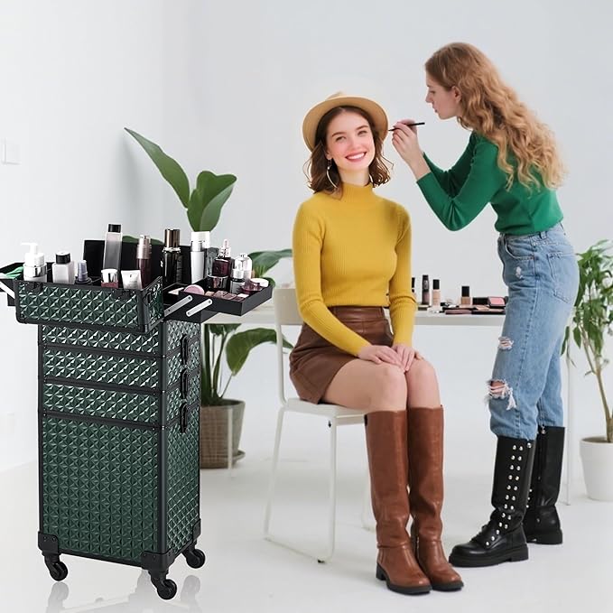 Rolling Makeup Case, Makeup Train Case with Lid, 5 in 1 Cosmetology Case on Wheels, Christmas Gift, Large Makeup Case Organizers, Profesional Cosmetic Case for Salon Barber,Black Green