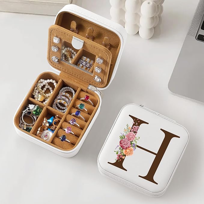 Parima Christmas Stocking Stuffers Gifts for Teenage Girls - Small Gifts for Female Grandkids Thank You Appreciation Gifts for Coworkers White Initial Travel Jewelry Case Jewelry Box - Letter H, White
