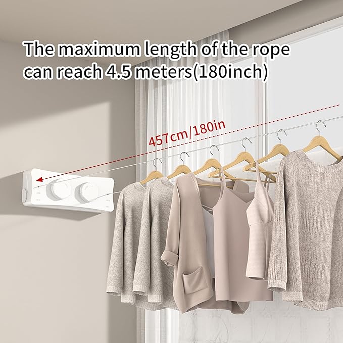 JOOM Retractable Clothesline Heavy Duty Clothes Drying Laundry Line Wall Mounted Easy Hanging Clothes Drying Laundry Line Retracting Hanging Lock to Prevent Sagging (Two line,White)