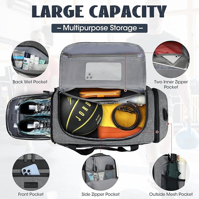 IGOLUMON Gym Bag for Men 40L Sports Duffel Bags Gym Duffle Bag Women with Shoe Compartment & Wet Pocket Water Resistant Travel Duffel Bag Lightweight Weekender Overnight Bag Gray