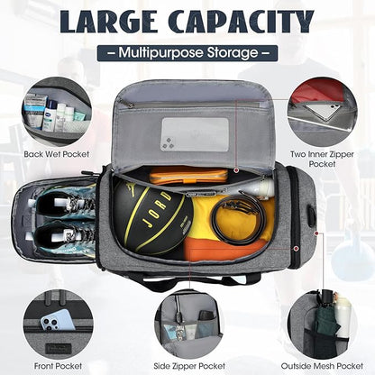 IGOLUMON Gym Bag for Men 55L Sports Duffel Bags Gym Duffle Bag Women with Shoe Compartment & Wet Pocket Water Resistant Travel Duffel Bag Lightweight Weekender Overnight Bag Gray