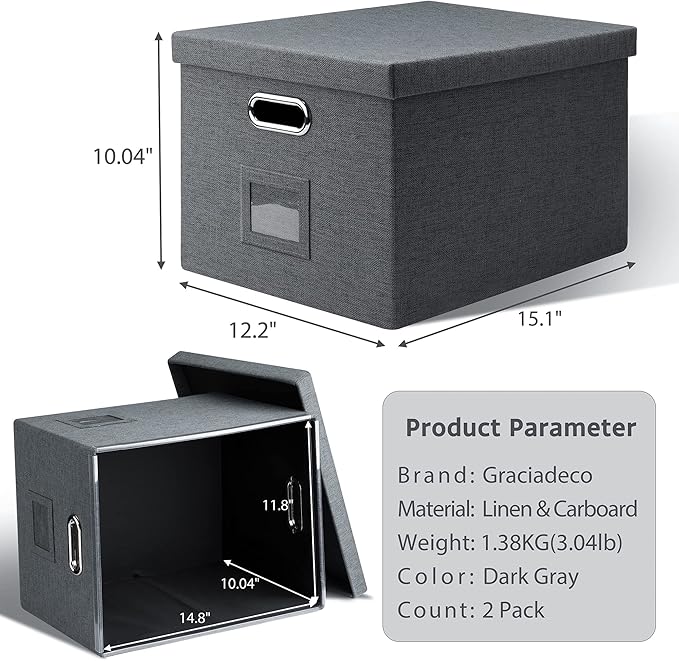 File Organizer, Collapsible Storage Filling Box with Lid for Letter Legal Size Hanging Folders Decorative Linen File Folder Box Document Storage Filing Bin, Dark Gray 2 Pack
