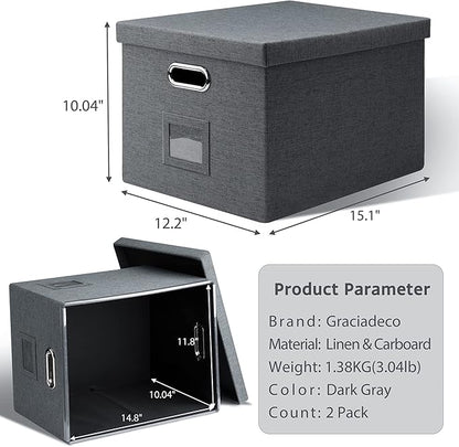 File Organizer, Collapsible Storage Filling Box with Lid for Letter Legal Size Hanging Folders Decorative Linen File Folder Box Document Storage Filing Bin, Dark Gray 2 Pack