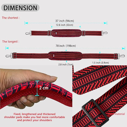 Shoulder Strap 78" Universal Handbag Strap with Ultra-thick Fixed Padded and Dual Balanced Adjustable Buckles Shoulder Crossbody Strap for Briefcase Messenger Bag Laptop bag Luggage，Bk&Red Jacquard