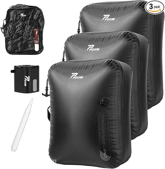Vacuum Bags for Travel with Wireless Pump, 180° Open Zipper, IP67 Waterproof, Reusable Space Saver Compression Bags for Backpack, Suitcase, Home Storage(3 Pack + Pump)
