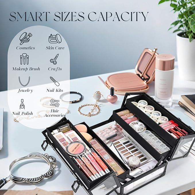 FRENESSA Portable Makeup Case Cosmetics Display Toiletry Organizer Box Transparent Acrylic Artists Train Case with 4 Trays Travel Makeup Tools Storage for Vanity Counter Dresser Organizer Black