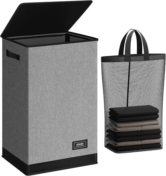 SOLEDI Laundry Hamper with Lid 90L Large & Tall Collapsible Laundry Basket, Clothes Hamper with Bag Removable Easy to Carry, Dirty Hampers for Bedroom, Bathroom, Dorm, College, Grey