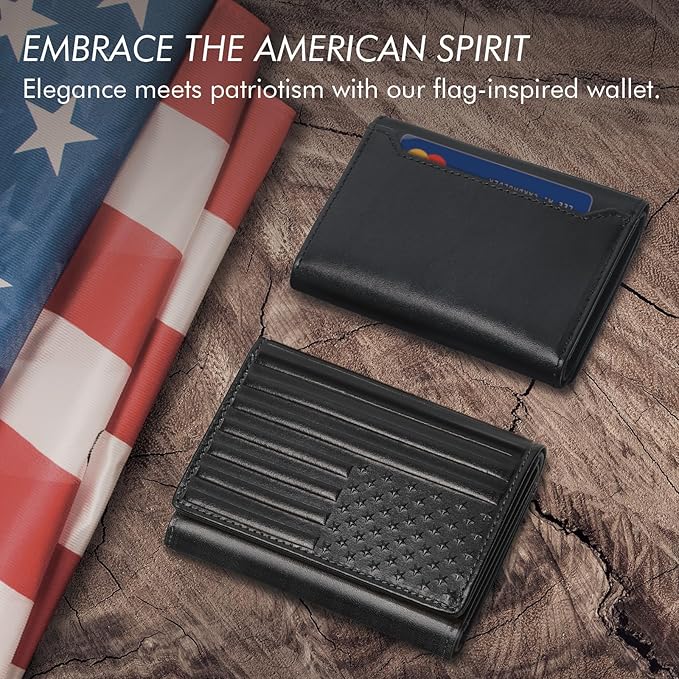 Trifold Leather Wallet for Men RFID Blocking – Mens Trifold Wallet Leather with 12 Card Slots, Gift for Men, American Flag Wallet Black