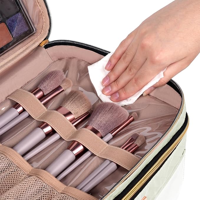 8.8L Double Layer Travel Makeup Bag Women, Large Cosmetic Case, Organizer for Travel-Size Accessories Bottles, Brushes, and Skin Care Products, Beige 2.33 GAL