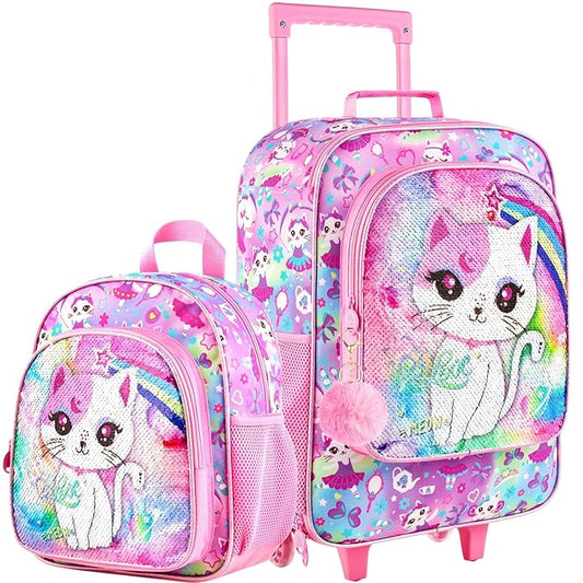UFNDC 2PCS Kids Luggage Set, Girls Sequins Rolling Suitcase with Wheels, Travel Carry on for Children Toddler Elementary