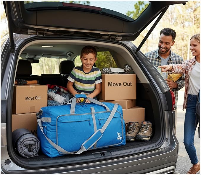 Bago Large Foldable Duffel Bags for Traveling Women & Men - 100L Packable Duffle Bag for Travel with Shoe Compartment - Water Repellant, Heavy Duty, Lightweight Folding & Collapsible (Blue)