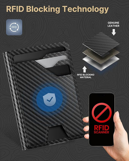 typecase Leather Wallet for Men Card Holder: Premium Genuine Leather, RFID Blocking, Slim, Minimalist, Front Pocket - 15 Cards Capacity | ID Window | Money Clip (Carbon Fiber)