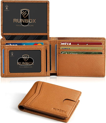 RUNBOX Wallet for Men Slim Rfid Leather 2 ID Window With Gift Box