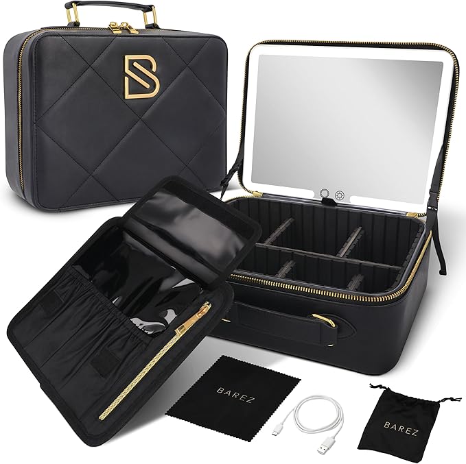 BAREZ Premium PU Leather Makeup Bag With LED Mirror - 3 Brightness Mirror Light Settings - Adjustable Dividers - Removable Mirror Waterproof Cosmetic Travel Bag - A Luxury Gift for Her (Black)