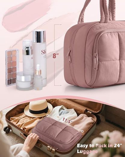 Travel Toiletry Bag for Women with Hanging Hook, Water Resistant Puffy Makeup Organizer with Leak Proof Pockets for Toiletries and Cosmetics - Dark Pink (Bag Only)