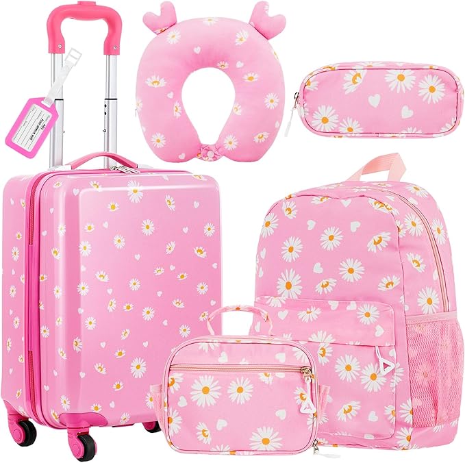 Redbaker 6 Pcs Kids Luggage Set 17 Inch Kids Rolling Luggage Double Pattern Suitcase for Girls Boys School Gift(Light Pink,Leopard Print Style)