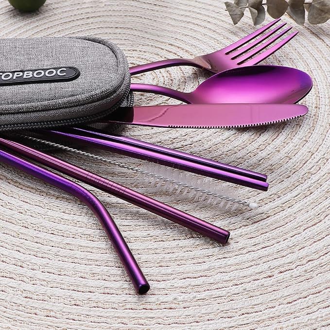 8-Piece Portable Stainless Steel Flatware Set, Travel Camping Cutlery Set with Purple Waterproof Case