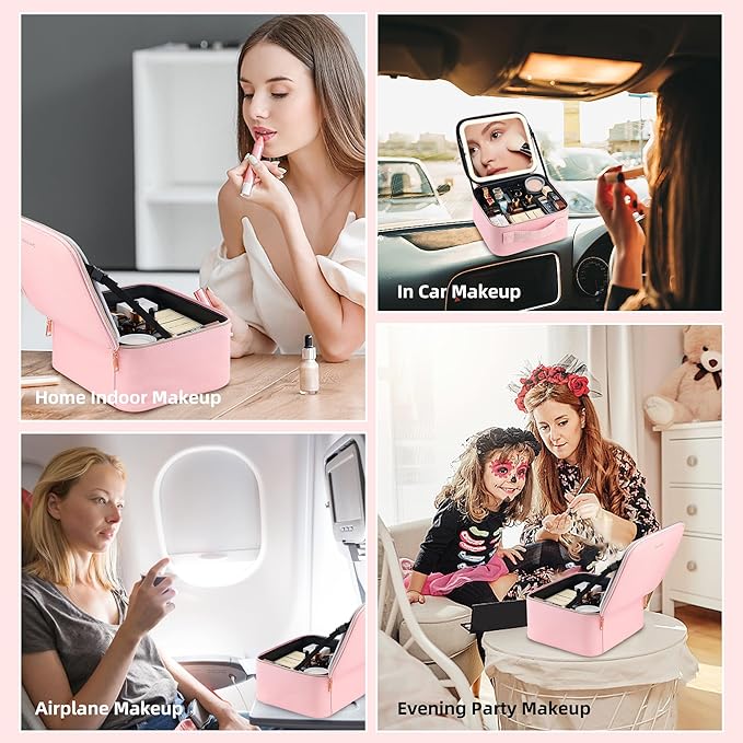 Travel Makeup Bag with LED Mirror – Waterproof Cosmetic Train Case with Adjustable Dividers, Portable Makeup Organizer and Toiletry Bag for Women, Teens & Girls Gift, Pink