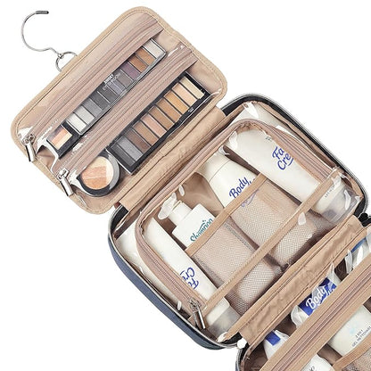 NISHEL Travel Toiletry Bag for women, Portable Hanging Organizer for Travel-Sized Shampoo, Conditioner, Brushes Set, Makeup Accessories, Medium Size, Aegean-Blue