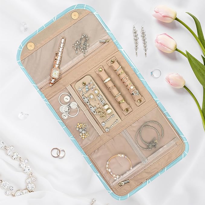 Pavilia Foldable Jewelry Organizer - Travel Roll Bag with Compartments for Earrings, Rings, Necklaces, Bracelets - Packing Accessory