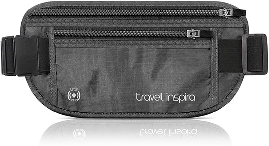 travel inspira Travel Money Belt with Slim Anti-Theft RFID Blocking Passport Holder for Travel Concealed under Clothes for Ultimate Protection of Credit Cards, Cash, Passport & Documents, Black