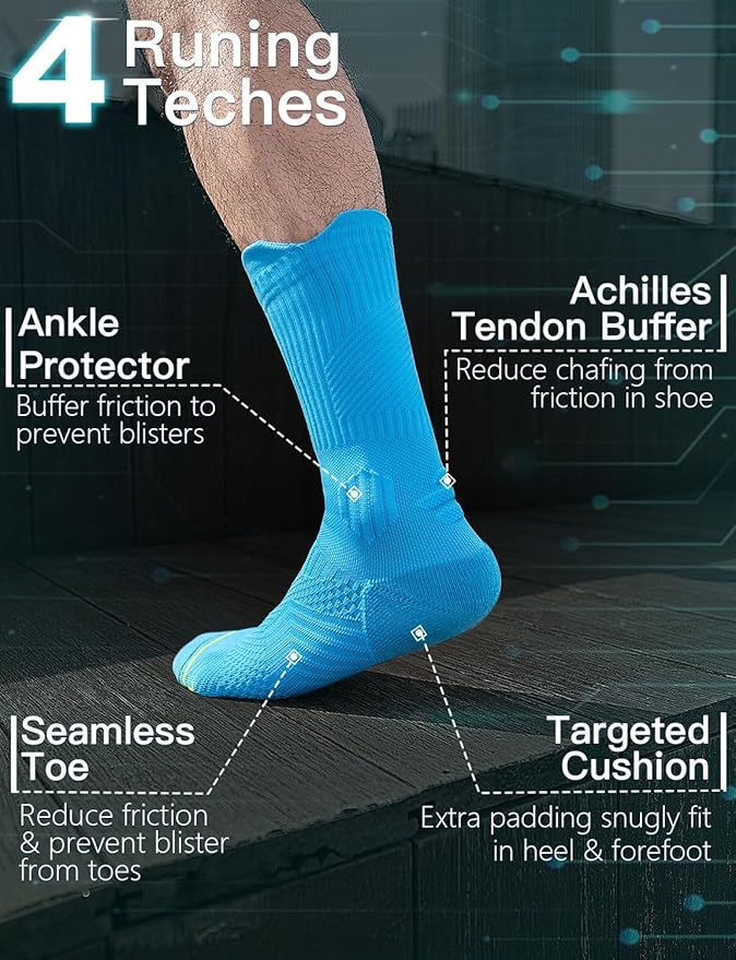 Mens Bamboo Viscose Crew Compression Running Socks Athletic Hiking Cushioned Wicking Anti-Blister Seamless