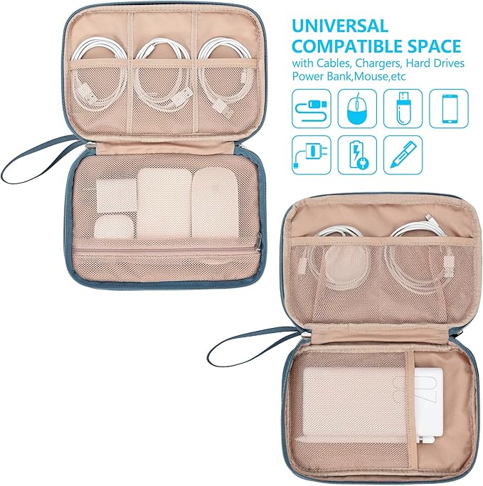 NISHEL Travel Cord Organizer Case, Double Layers Tech Electronic Bag, Essentials for Charger, Cable, Phone, Flash drive, Large, Lake-Blue