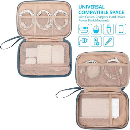 NISHEL Travel Cord Organizer Case, Double Layers Tech Electronic Bag, Essentials for Charger, Cable, Phone, Flash drive, Large, Lake-Blue