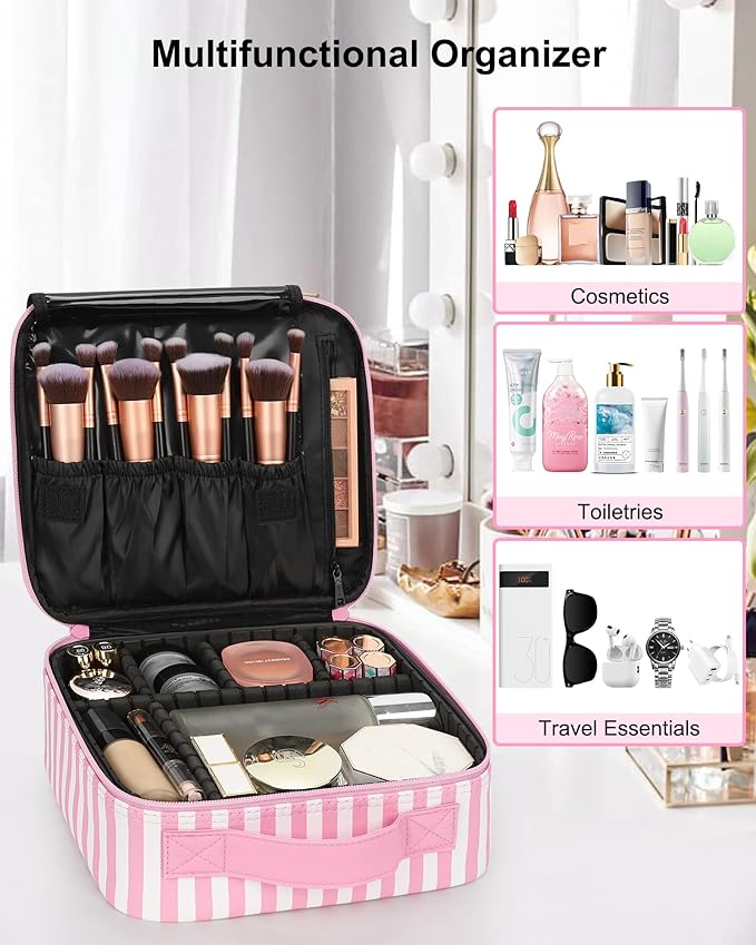 Relavel Travel Makeup Train Case, Cosmetic Case Makeup Organizer, Professional Artist Storage Bag with Adjustable Dividers for Cosmetics Brushes, Birthday Gifts for Girls and Women, Pink Stripe