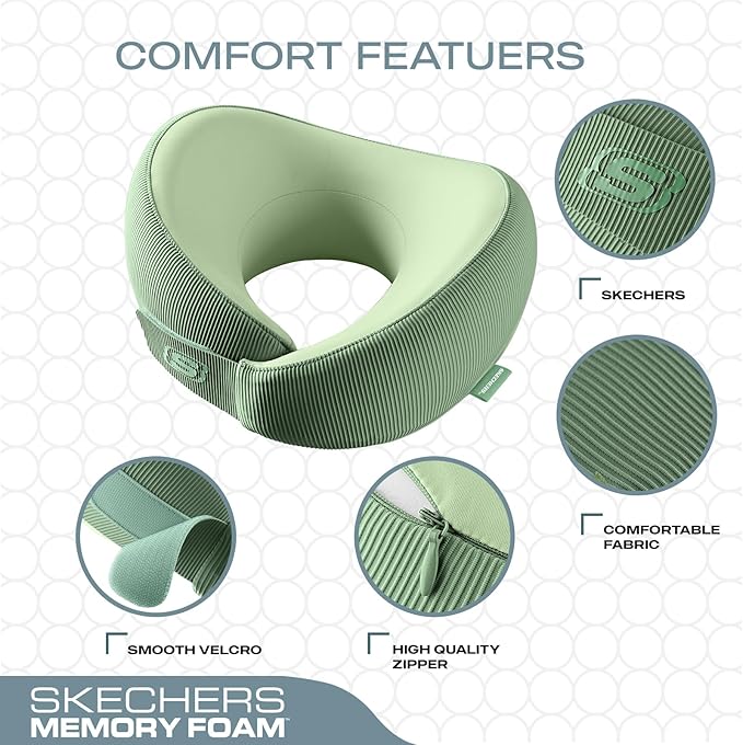 Skechers Women's Memory Foam Neck Pillow, Comfortable & Breathable Travel Pillow,Neck Pillow Airplane for Travel, Car Rides, Home, and Office Use, Ergonomic Design for Men and Women,Green