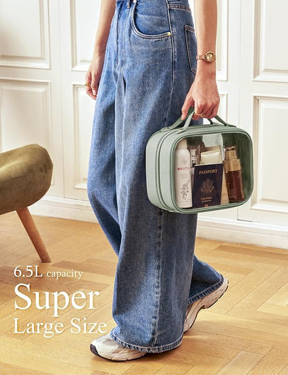 Clear Cosmetic Bag Double Layer Travel Toiletry Bag Clear Makeup Bag Case with 4 Compartments, Transparent Travel Bag for Toiletries, Large Toiletry Bag for Women Cosmetic Case (Sage Green, Large)