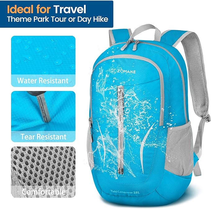 ZOMAKE Ultra Lightweight Packable Backpack 25L, Foldable Hiking Backpacks Water Resistant Small Folding Daypack for Travel(Light Blue)