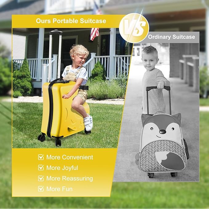 20 Inch Kid Ride Suitcase, Kid Travel Trolley With Safety Belt, Kids Luggage Seat Ride With Lock, Luggage For Kids Airplane Travel,Suitcase To Aged 1-6 Years Old, ABS+PC (Yellow)