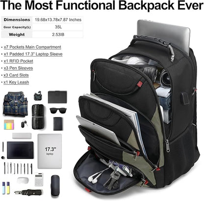 Boavan Laptop Backpack for men, 17.3 inch Laptop Bag with USB Port, Waterproof Travel Work Backpack Purse, Anti-Theft Teacher Nurse Doctor Casual Bookbags Office Business backpack，Black&Army Green