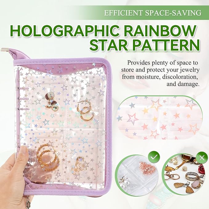 Jewelry Organizer Case Travel Clear Earring Organizer Case Transparent Jewelry Storage Book with Clear Zippered Jewelry Pouch (Purple, With 80 Pcs small Jewelry Pouches)