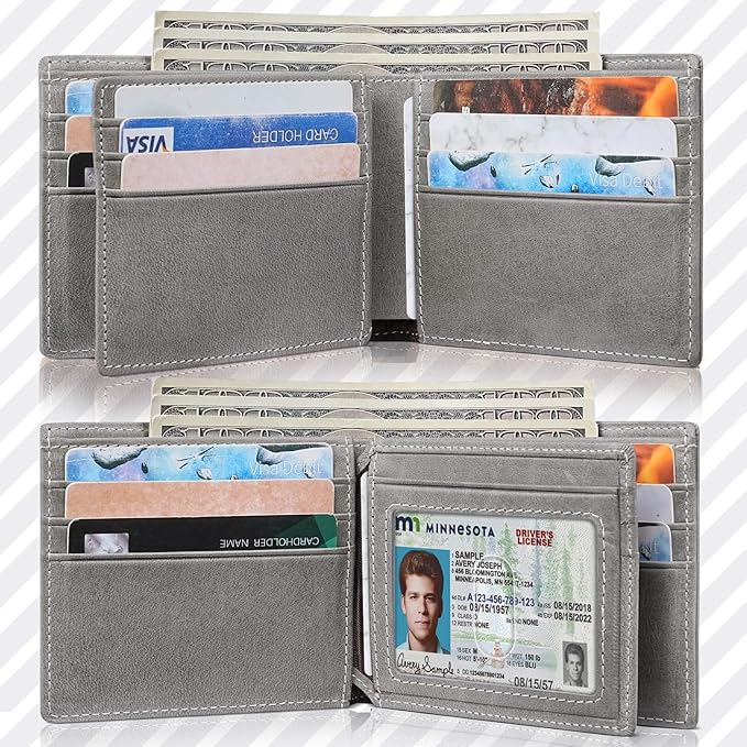 Mens Wallet Bifold Genuine Leather RFID Blocking Wallet for Men with 1 ID Windows 13 Card Holders 2 cash pockets 1 Gift Box