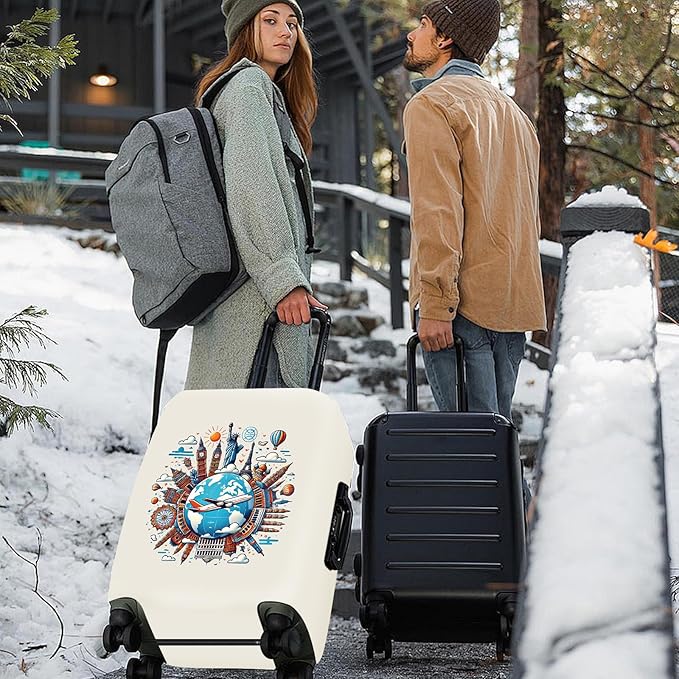 ANNA QUEEN Travel Around the World Luggage Cover, Colorful Landmark Suitcase Protector with Airplane & Globe Design, Stretchable, Washable Travel Sleeve for 20-22 Inch Luggage