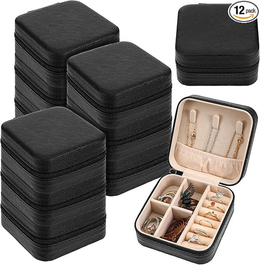 MAQUITA 12 Pcs Mini Travel Jewelry Case Bridesmaid Proposal Gift Boxes Small Jewelry Organizer PU Leather Earring Organizer Box Bulk Travel Accessories Portable Travel Jewelry Holder, Black