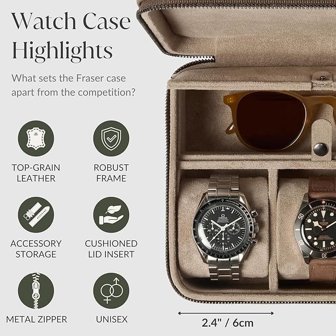 TAWBURY Watch Case - 3 Slot Portable Watch Storage Box for Home & Travel with Extra Wide Pillows for Large Watches and Compartment for Accessory Storage (Taupe)