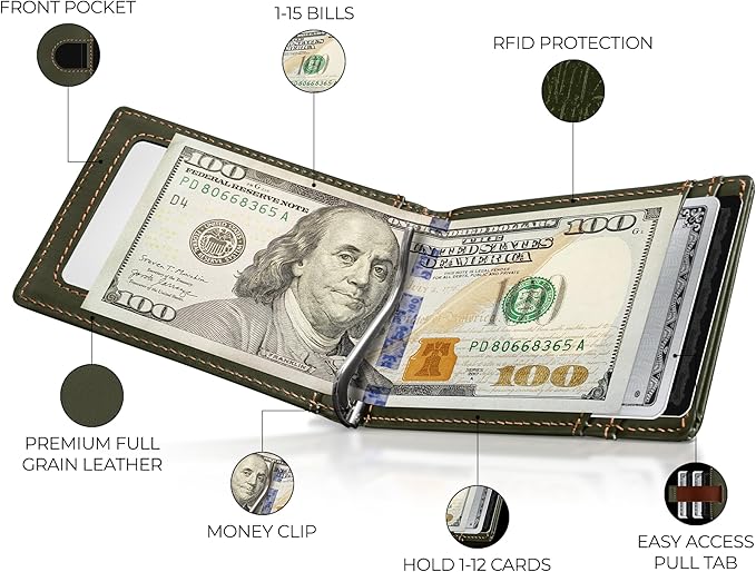 Kingly Cash Clip Slim Leather Wallet for Men with RFID Blocking & Money Clip - Minimalist Front Pocket Bifold Wallet Holds 12 Cards - Secure Card Holder with Easy Access Pull Tab