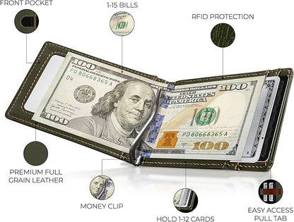 Kingly Cash Clip Slim Leather Wallet for Men with RFID Blocking & Money Clip - Minimalist Front Pocket Bifold Wallet Holds 12 Cards - Secure Card Holder with Easy Access Pull Tab