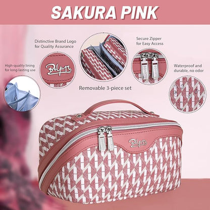 BOYATU Travel Makeup Bags for Women: Large Capacity Cosmetic Bag Set of 3 - Vegan Leather Make up Bags with Compartments - Wide Open Waterproof Toiletry Organizer Bag with Handle (B-03-Red)