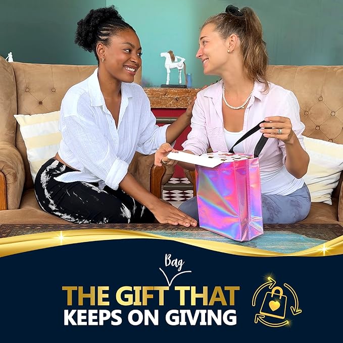 Nush Nush Pink Iridescent Gift Bags Bulk Medium Size – Set of 30 Reusable Holographic Pink Gift Bags Bulk With Handles - For Small Business, Bridal Shower, Birthday Party Favor, Christmas – 8x4x10