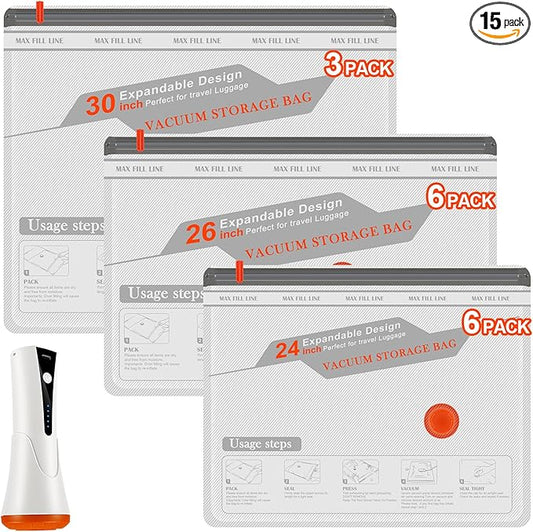 Travel Vacuum Bags with Pump - 15 Pack Space Saver Bag for Travel & Home, Clothes, Bedding, Blankets, Seasonal Storage