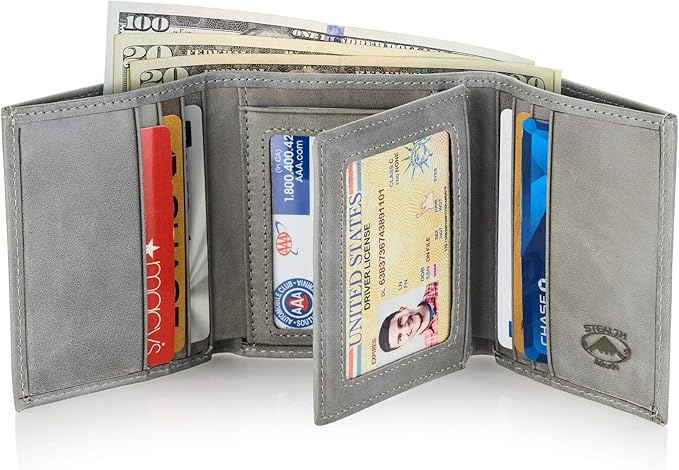 Stealth Mode Leather Trifold RFID Wallet For Men With Flip Out ID Holder (Grey)