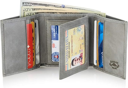 Stealth Mode Leather Trifold RFID Wallet For Men With Flip Out ID Holder (Grey)