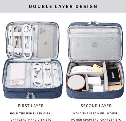 Lanola Travel Cable Organizer Bag, Electronic Accessories Case Portable Double Layer Cable Storage Bag for Cord,phone,Charger, Flash Drive, Phone, SD Card,Personal Items - (Dark Blue)