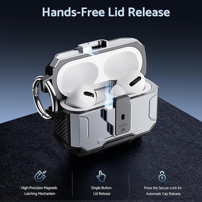 DASFOND Armor Earphone Cover Case for Airpods Pro 2, Military Grade Full Body Shockproof Protection Hard Case, Support Wireless Charging with Keychain, Magnetic Lid, Front LED Visible, Silver